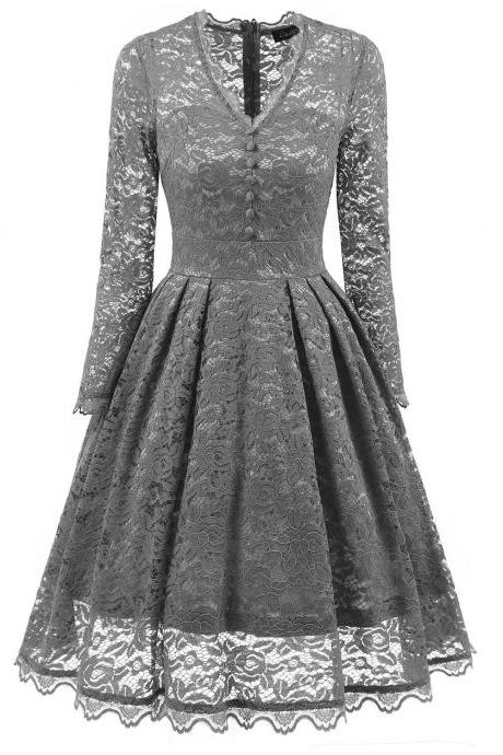 Grey V-Neck Floral Lace A-Line Short Dress with Long Sleeves , Homecoming Dress, Cocktail Dresses, Graduation Dresses 