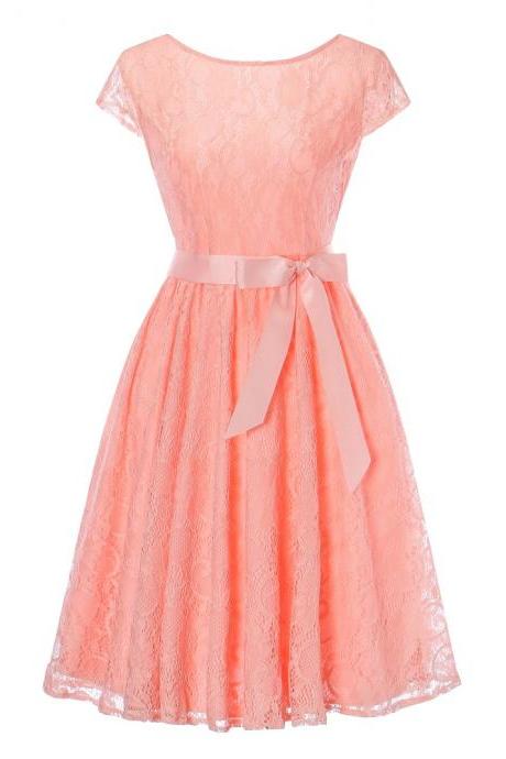 Pink Scooped Neck Lace A-Line Short Dress with V- Back , Homecoming Dress, Cocktail Dresses, Graduation Dresses 