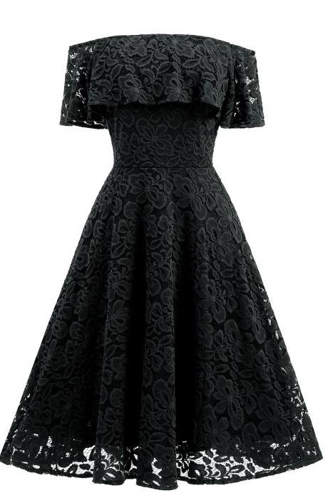 Black Casual Dress Off Shoulder Lace A Line Midi Dress