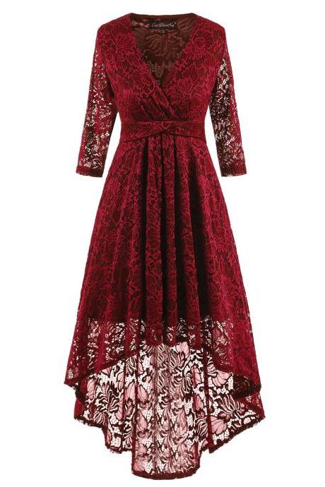 Women Half Sleeve Deep V Neck High Low Irregular Lace Party Dresses - Wine Red