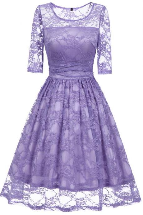Women O Neck Half Sleeve Floral Lace Slim Ruched Sexy A Line Dress - Light Purple