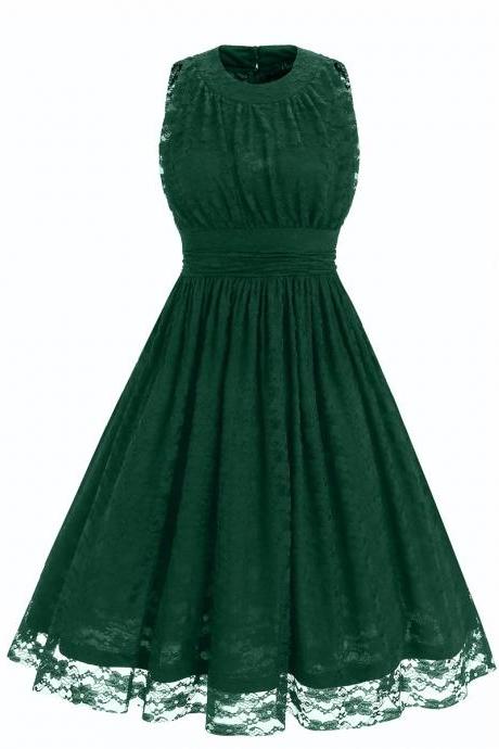 Women's O Neck Sleeveless Slim Tunic Ruched Floral Lace Dress - Green