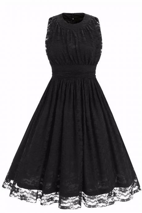 Women's O Neck Sleeveless Slim Tunic Ruched Floral Lace Dress - Black