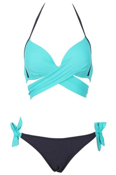 Cross Patchwork Women Swimwear Swimsuit Halter Top Bathing Suits - Sky Blue