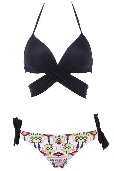 Sexy Bikini Women Swimsuit Push Up Swimwear Criss Cross Bandage Halter Bikini Set - Black