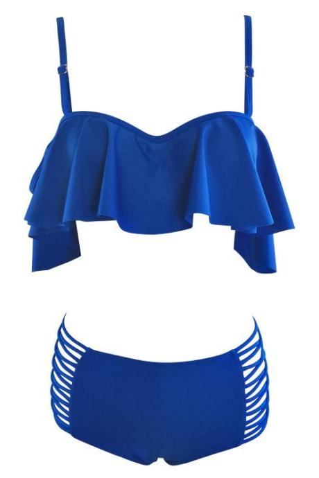  New Ruffle Ruched Bandeau Vintage Bikinis Swimwear Women Bikini Set Solid Beach Bathing Suits - Blue