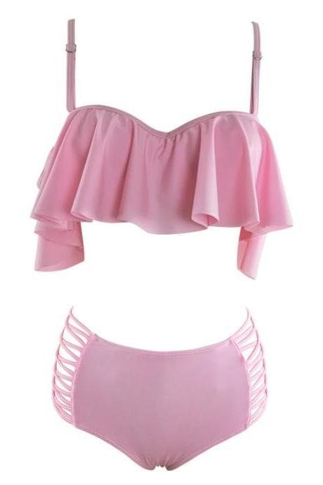 Ruffle Ruched Bandeau Vintage Bikinis Swimwear Women Bikini Set Solid Beach Bathing Suits - Pink