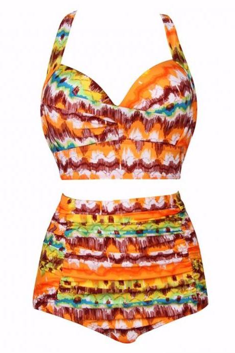 New Bikinis High Waist Swimsuit Women Plus Size Swimwear Print Retro Floral Beach Push Up Bikini Set - Orange