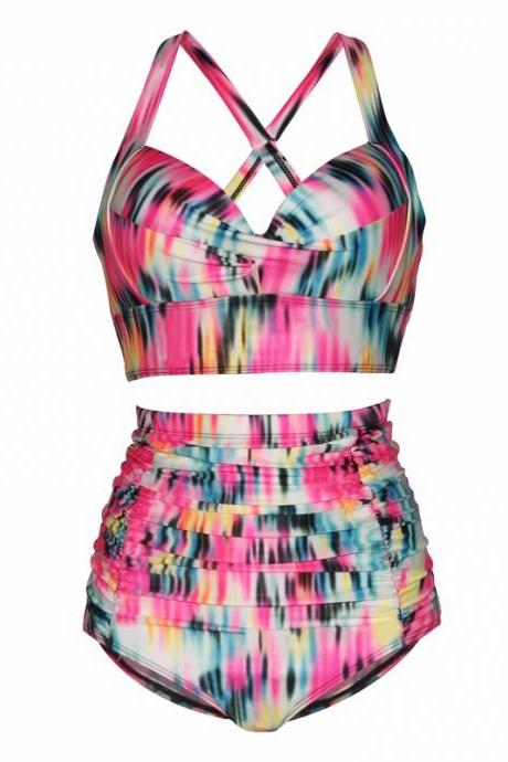 New Bikinis High Waist Swimsuit Women Plus Size Swimwear Print Retro Floral Beach Push Up Bikini Set - Pink