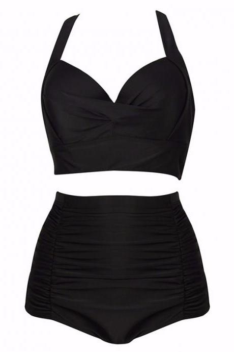 New Bikinis High Waist Swimsuit Women Plus Size Swimwear Print Retro Floral Beach Push Up Bikini Set - Black
