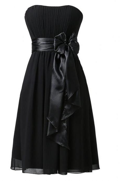 Black Chiffon Ruched Strapless Straight-Across Short A-Line Bridesmaid Dress Featuring Bow Accent Belt 