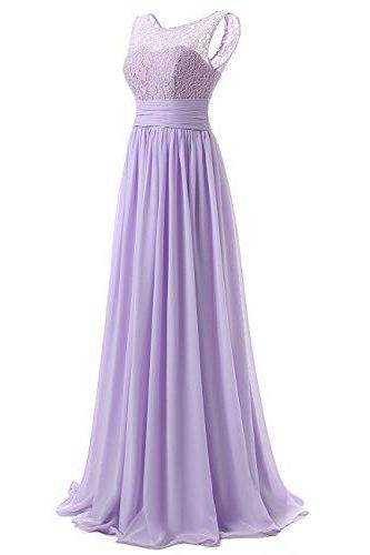 Long Prom Dress Scoop Bridesmaid Dress Lace Chiffon Evening Gown - Light Purple