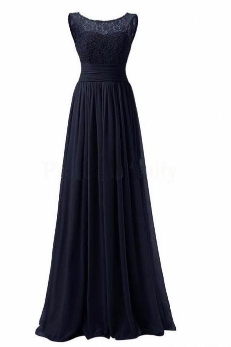 Long Prom Dress Scoop Bridesmaid Dress Lace Chiffon Evening Gown - Navy Blue
