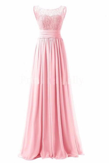 Long Prom Dress Scoop Bridesmaid Dress Lace Chiffon Evening Gown - Pink