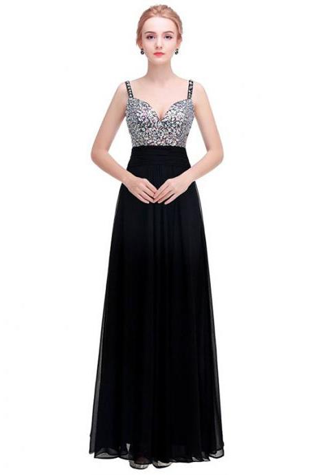 Luxury Prom Dress Long Sexy Backless Beading Sweetheart Chiffon Formal Elegant Bride Evening Party Gowns - Black