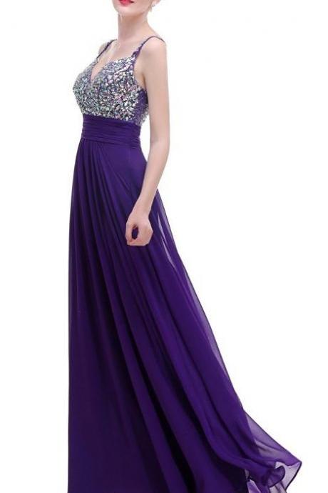 Luxury Prom Dress Long Sexy Backless Beading Sweetheart Chiffon Formal Elegant Bride Evening Party Gowns - Purple