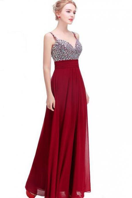 Luxury Prom Dress Long Sexy Backless Beading Sweetheart Chiffon Formal Elegant Bride Evening Party Gowns - Wine Red