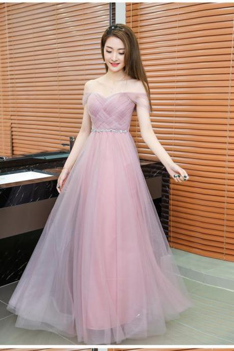 Pink Long Bridesmaid Dress Sweetheart Tulle Pleated Prom Dresse
