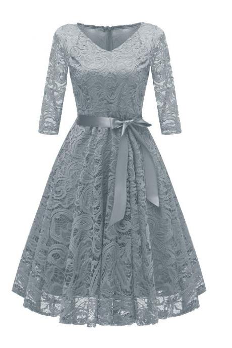 Women&amp;amp;#039;s Vintage 3/4 Sleeve V Neck Belt Tunic Slim Swing Lace A Line Dress - Grey