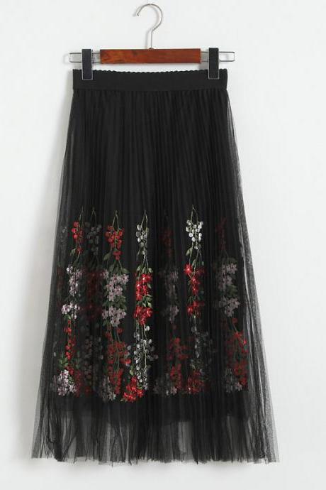 Women Floral Print Gauze Skirt - Black