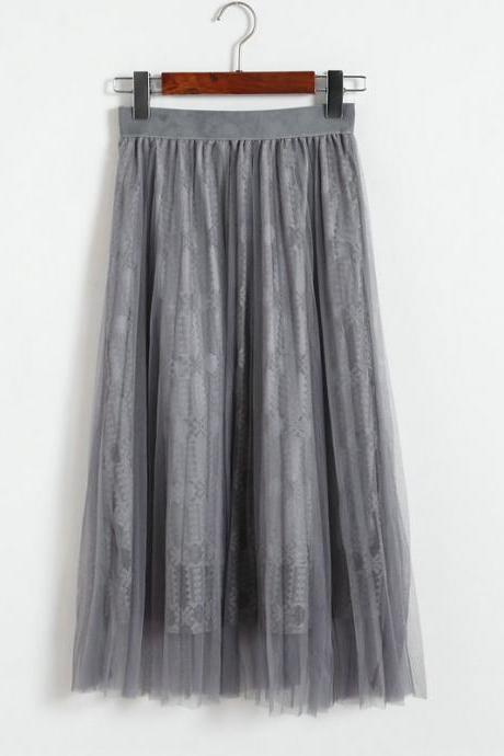 Women Gauze Elastic Waist Skirt - Grey