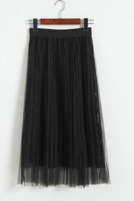 Women Gauze Elastic Waist Skirt - Black