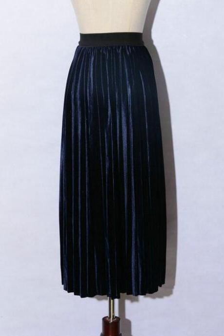 women Retro Pleated Skirt High Waist Maxi Dress - Navy Blue