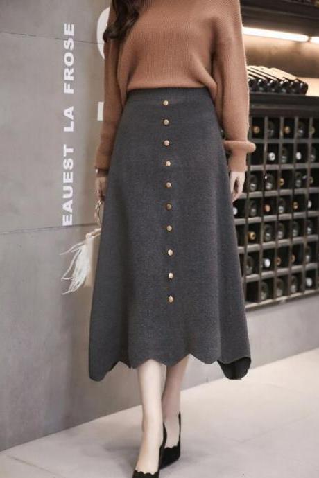 Women High Waist Knit Winter A Line Midi Skirt - Grey