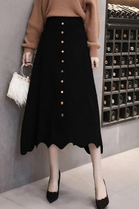 Women High Waist Knit Winter A Line Midi Skirt - Black