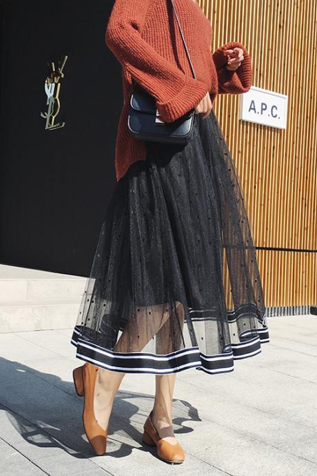 Women Gauze Polka Dot Print High Elastic Waist Skirt - Black