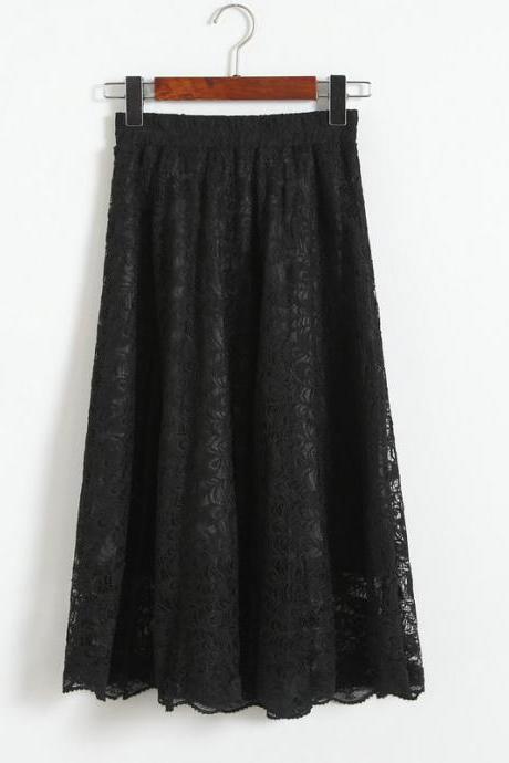 Women High Waisted Floral Lace Pleated Midi Skirt - Black