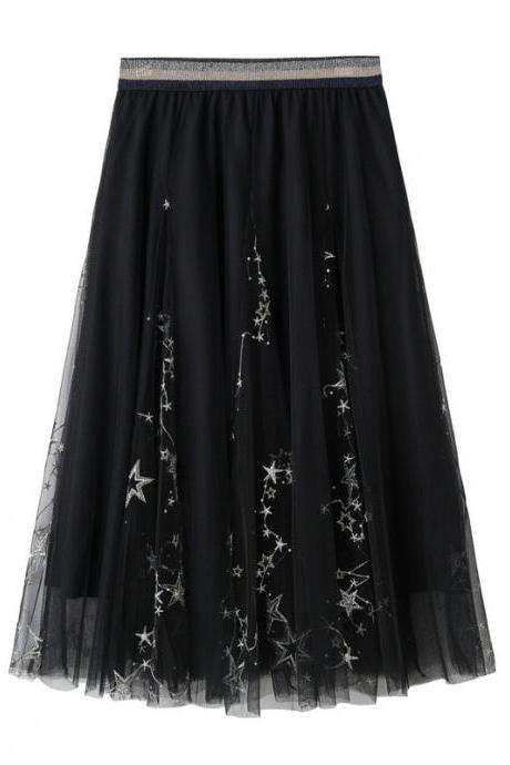 New Star Pattern Women Midi Skirt - Black