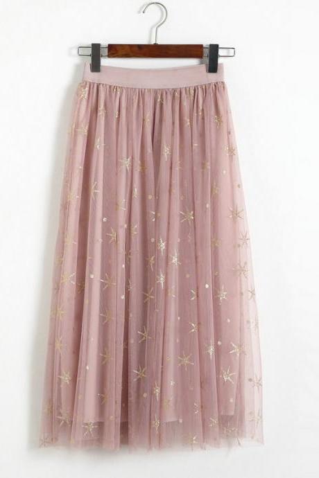 New Star Pattern Women Midi Skirt - Pink