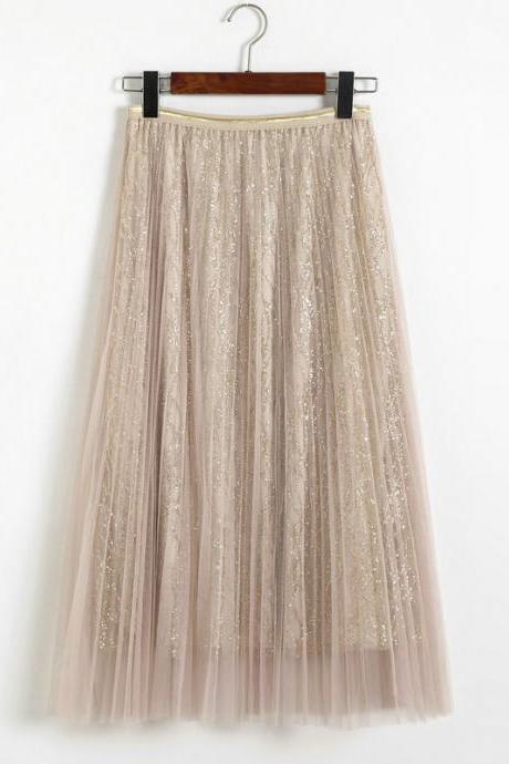New Style Sequins Gauze A Line Skirt - Beige