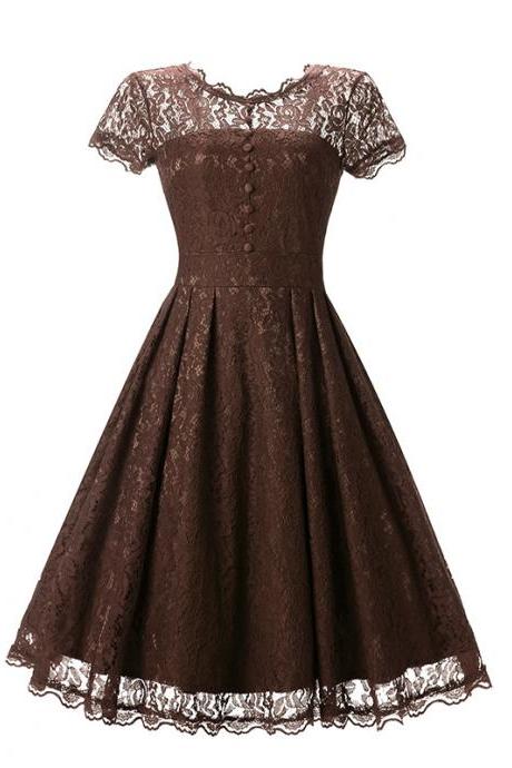 Arrive O-neck Solid Short Sleeve Lace Hollow Vintage Dress - Coffee