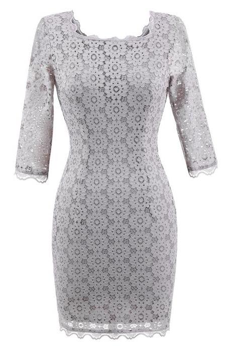 Women's Vintage Square Collar 2/3 Sleeve Floral Lace Sheath Bodycon Dresses - Grey