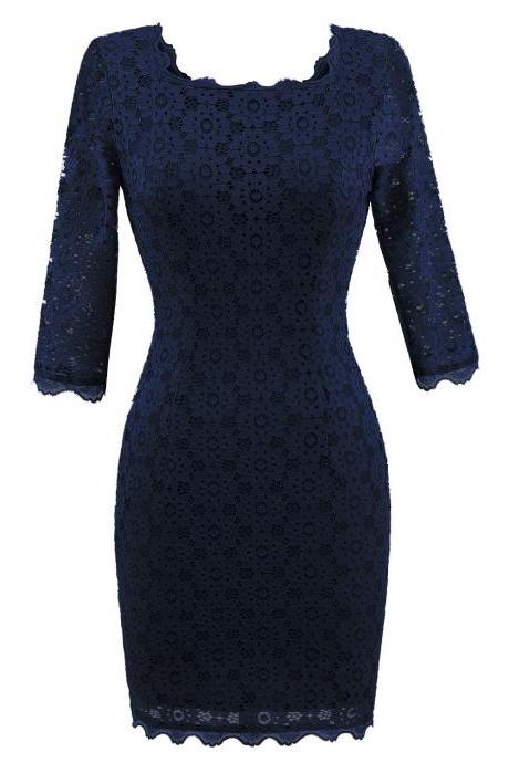 Women's Vintage Square Collar 2/3 Sleeve Floral Lace Sheath Bodycon Dresses - Navy Blue