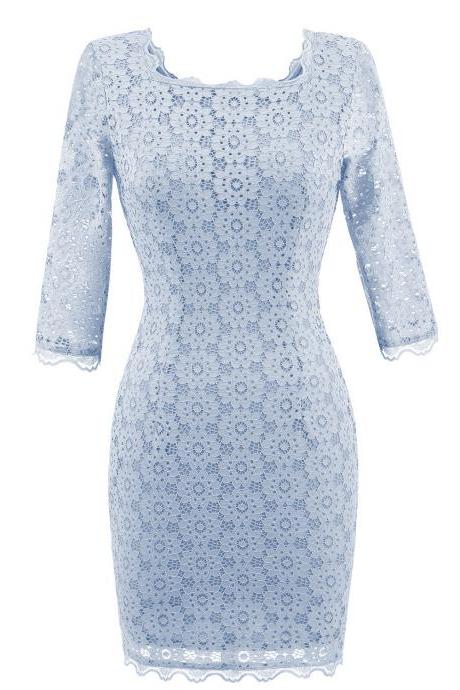 Women&amp;#039;s Vintage Square Collar 2/3 Sleeve Floral Lace Sheath Bodycon Dresses - Light Blue