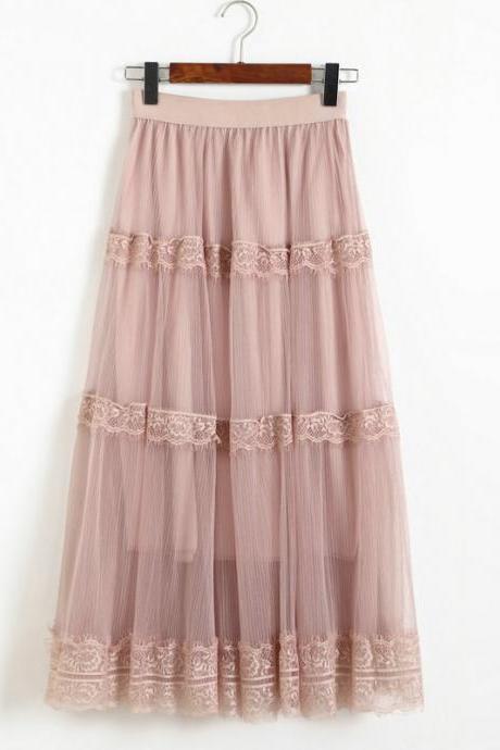 Womens New Sexy Gauze Midi Skirt Fashion High Waist Elastic Slim Skirts - Pink