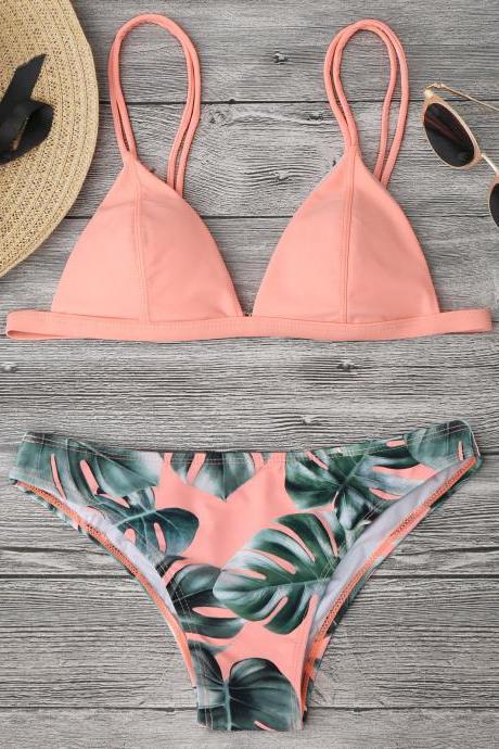 Fashion Women Sexy Bikini Leaf Printed Split Bikini Set For Summer Beach Swimsuit Bathing Suit Swimwear - Pink
