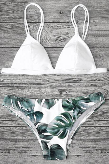 Palm Leaves Print White Two-Piece Swimsuit, Bikini