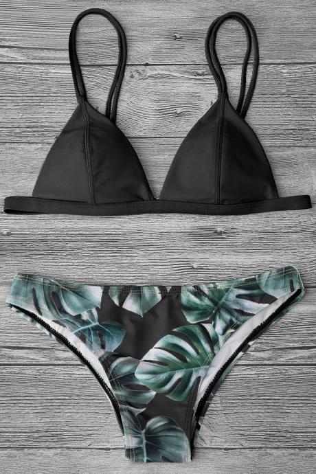 Fashion Women Sexy Bikini Leaf Printed Split Bikini Set For Summer Beach Swimsuit Bathing Suit Swimwear - Black