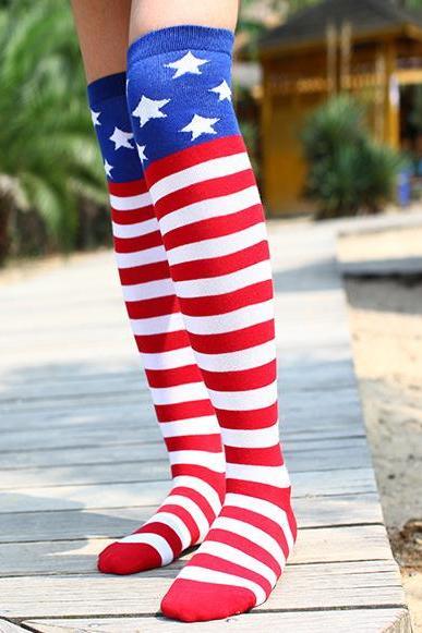 Striped And Star Thigh High Socks