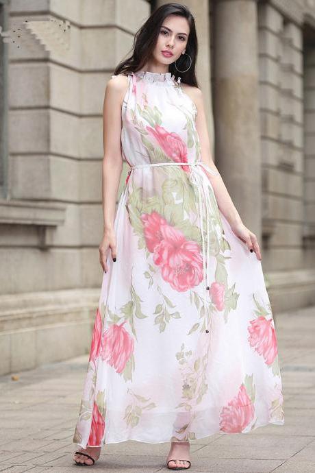 Fashion Women Halter Neck Printed Long Maxi Dress With Belt - White