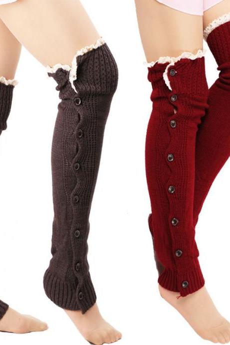 Women Warmer Knee High Knit Flat Lace Trim Button Down Crochet Leg Boot Socks