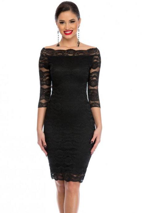 Sexy Solid Black Off The Shoulder Fitted Hollow Lace Dress