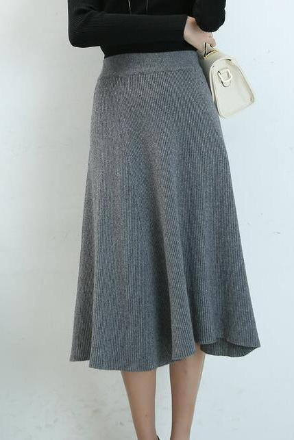 Autumn A-line Knit Skirts Solid Knitted Long Skirts - Grey