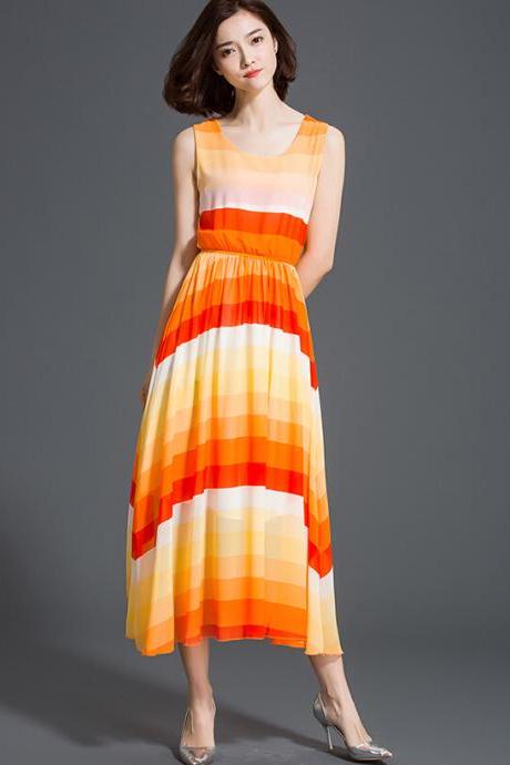 Good Quality Bohemia Summer Chiffon Striped Long Beach Dress - Orange