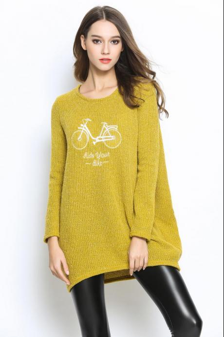 Women Large Size Autumn O-neck Pullover Long Sleeve Casual Loose Sweater Knitted Tops - Yellow