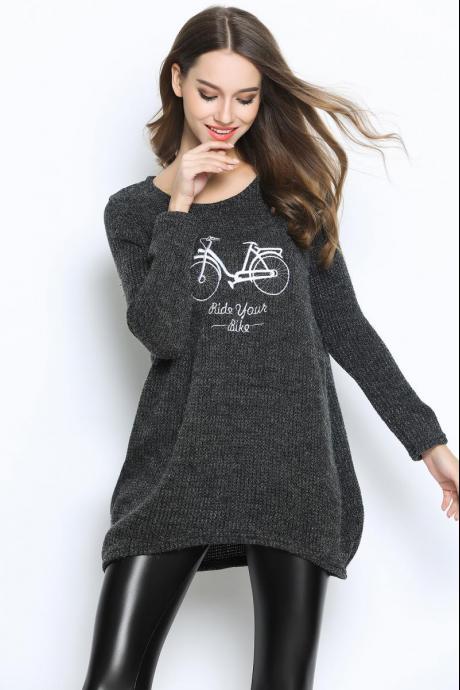 Women Large Size Autumn O-Neck Pullover Long Sleeve Casual Loose Sweater Knitted Tops - Dark Grey